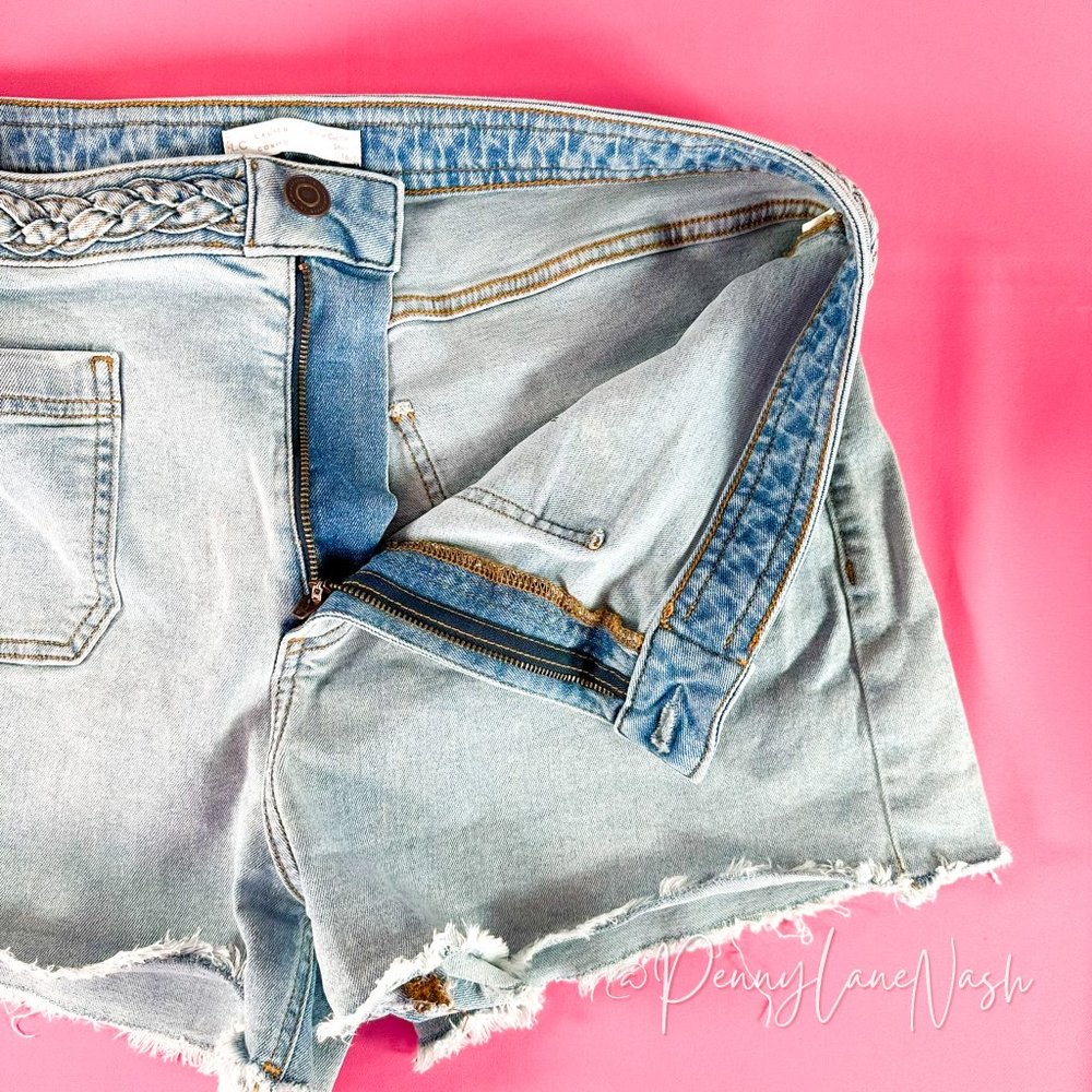 LC Lauren Conrad Crystal Braided High Waist Cut Off Denim Shorts - Picture 8 of 12